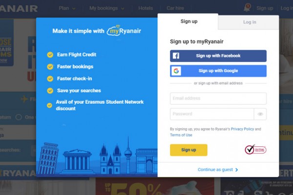Регистрация на сайте Ryanair